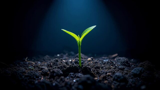 Young green plant sprout growing in nutrient rich soil with dark background and focused light