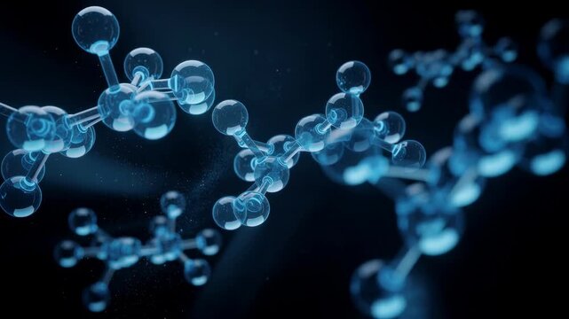 3D illustration of glowing blue molecular structure with atoms and bonds on dark background