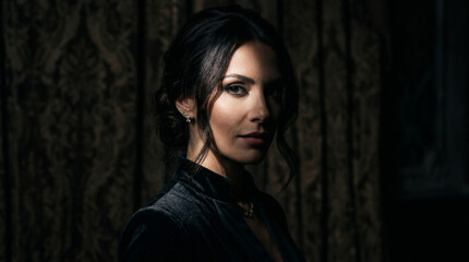 Fototapeta premium Close-up Cinematic Portrait of Sophisticated Woman in Black Dress