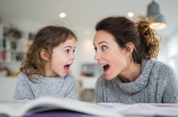 Obraz premium Mother and daughter engaging in playful interaction at home, smiling and showing joyful expressions, with cozy indoor environment and soft natural lighting