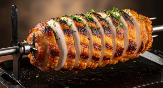 Golden roasted chicken spins on metal skewer over dark stone grill with fresh herbs sprinkled on top