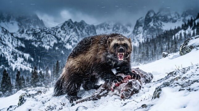 Snarling Wolverine Protecting Prey in Snowy Mountain Wilderness
