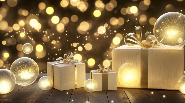 orbs. Festive glowing orbs and wrapped gifts with golden bubbles, creating a warm celebratory ambiance. lifestyle magazines.