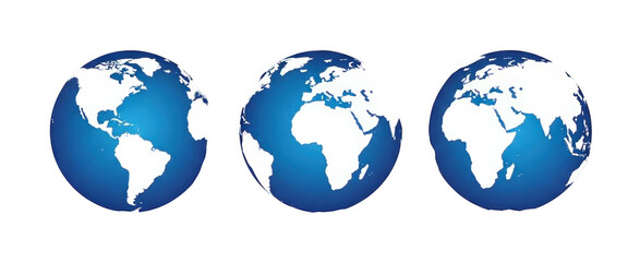 Obraz premium Three globes depicting Earth with continents in white against blue oceans, representing global connection and international travel