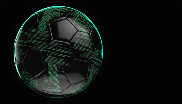 AI python programming code lines projecting onto a glossy black soccer ball on the left, creating a green neon glow