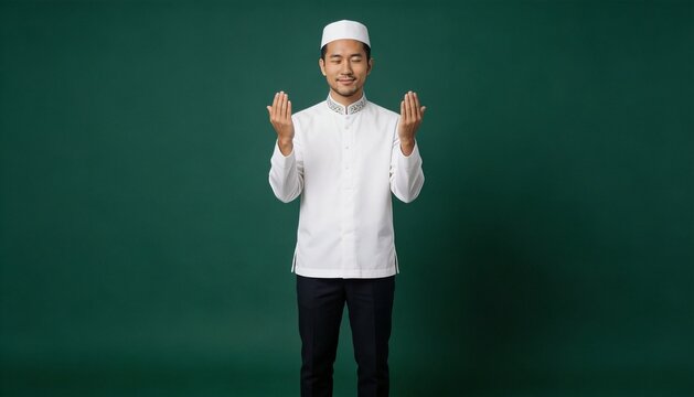 Devout Asian Muslim Man Making Supplication Prayer With Palms Up