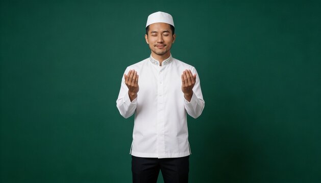 Devout Asian Muslim Man Making Supplication Prayer With Palms Up