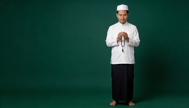 Full Length Muslim Man Praying And Holding Tasbih Prayer Beads