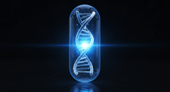 Blue D N A helix inside transparent capsule with glowing light and particles molecule genetic