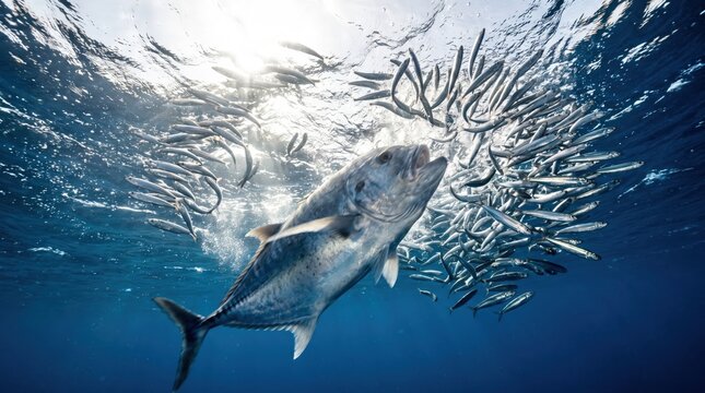Giant Trevally Predator Hunting School of Baitfish Underwater with Sunrays