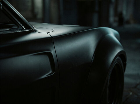 Cinematic close-up of a custom matte black sports car detailing sleek widebody fenders and bold design lines.