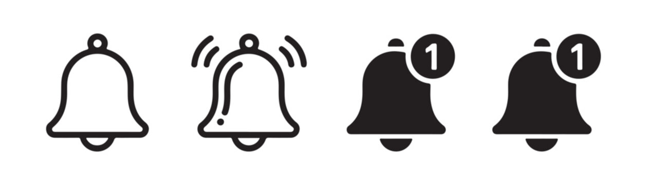 Simple notification bell icons with unread message counter badge in outline and solid flat vector style design.