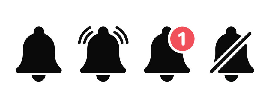 Bell notification icon set, alarm bell with new message, ringing bell, and muted bell symbols.