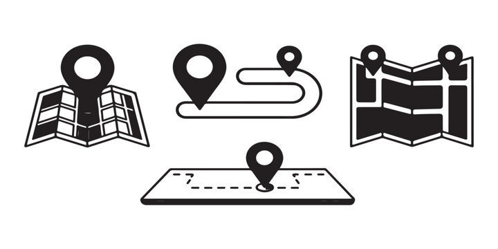 Four detailed map navigation and tracking icons featuring routes and location markers for web design.