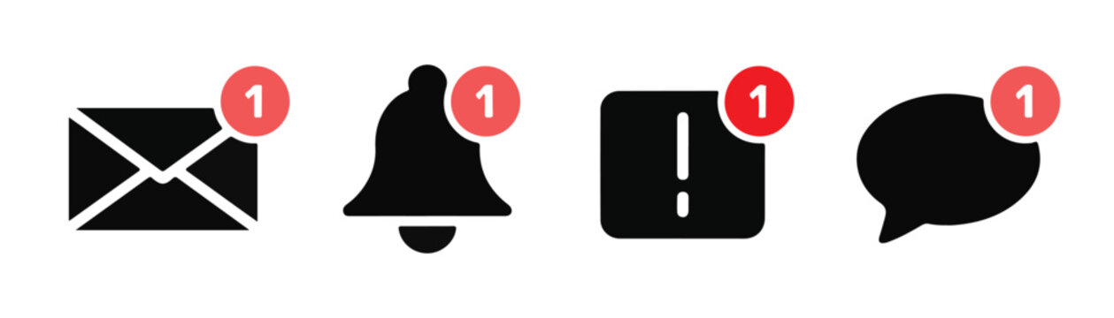 Set of four black notification icons including mail bell calendar and chat with red circles showing number one.