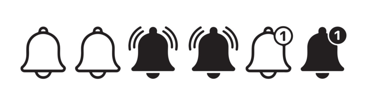 Collection of bell icons showing various states for notifications including active and inactive status symbols.