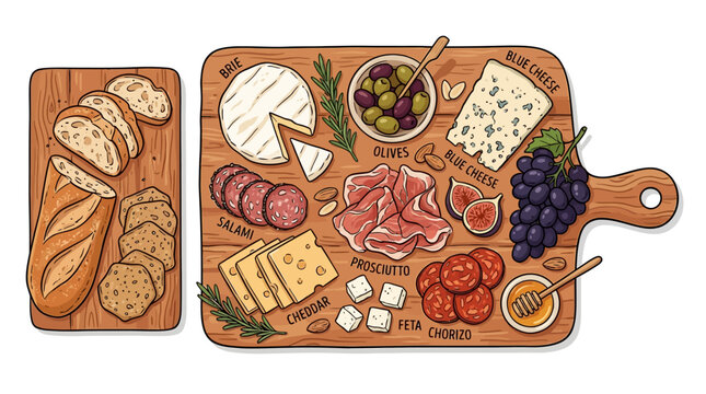 Top view hand-drawn illustration of a gourmet charcuterie and cheese board featuring salami, prosciutto, brie, olives, and grapes, plus a separate platter of sliced artisan bread and crackers.