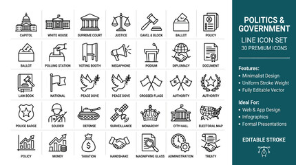 Fototapeta premium Premium Politics and Government Line Icon Set Featuring Voting, Law, Diplomacy, and National Symbols for Professional Web Design, Infographics, and Presentations with Editable Stroke Weight