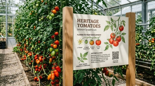 Greenhouse botanical interpretive sign for heritage tomatoes, wooden posts, fruit growth stages, leaf diagrams, QR code, and fresh cultivation rows in a bright sustainable garden interior space