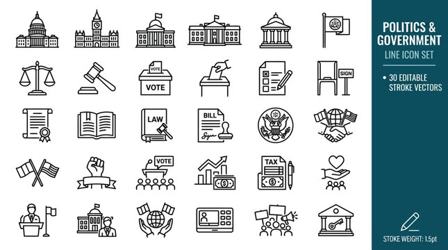 Comprehensive collection of 30 politics and government line icons featuring symbols for voting, law, justice, international relations, elections, and public administration for graphic design.
