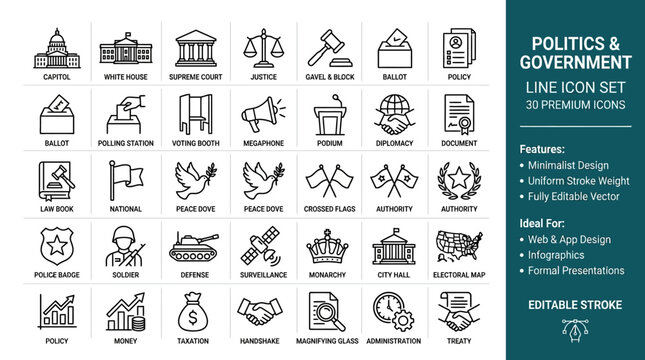 Premium Politics and Government Line Icon Set Featuring Voting, Law, Diplomacy, and National Symbols for Professional Web Design, Infographics, and Presentations with Editable Stroke Weight