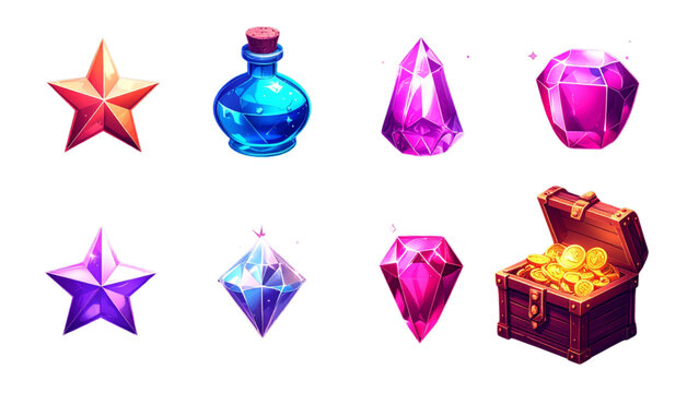 3d icon set of game assets, mystery elements. Mobile game icons, star and shiny potion, diamonds, ruby, treasure chest filled with coins