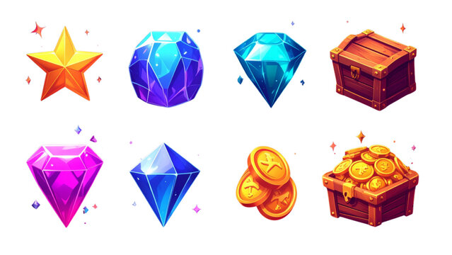 3d icon set of game assets, mystery elements. Mobile game icons, star and shiny potion, diamonds, ruby, treasure chest filled with coins