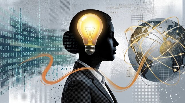 innovation idea business concept. Silhouette of a person with a glowing light bulb inside the head, connected to a digital globe and binary code.