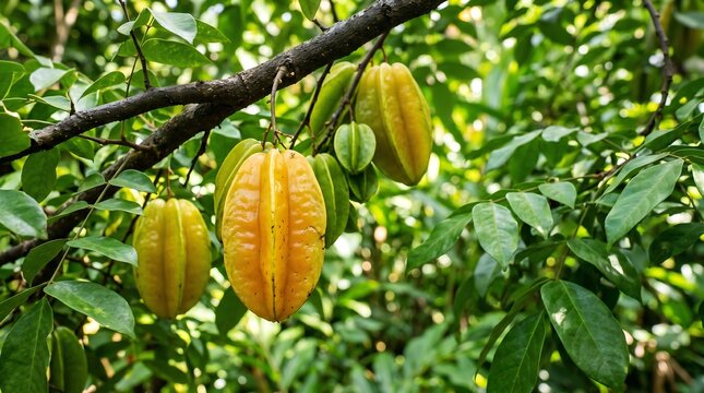 Fresh star fruits carambola growing on a tree in a tropical setting