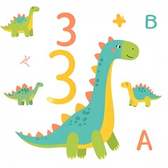 Fototapeta premium Cute illustrated dinosaurs with numbers and letters on a white background, suitable for children