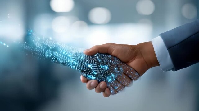 This image captures the concept of human and artificial intelligence cooperation through a handshake. The glowing circuitry and blurred office setting emphasize digital transformation and teamwork