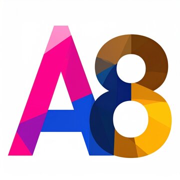 Digitally created geometric "A8" text in vibrant hues. Letters are segmented, multifaceted and colorful