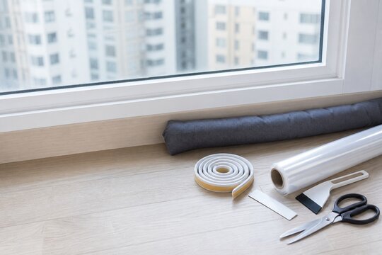 Window insulation winter kit on apartment floor