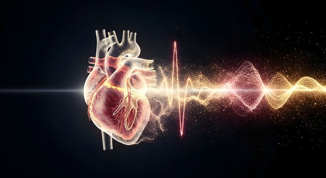 3D Medical Heart with Electrical Pulse in Dark Sci-Fi Background for Health Technology