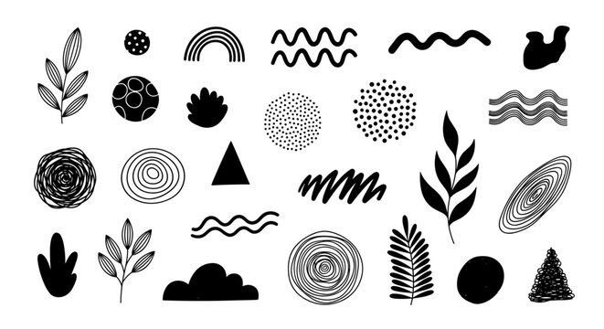 Abstract Hand Drawn Graphic Element Set with Organic Botanical Leaves, Wavy Lines, and Geometric Texture Shapes for Trendy Modern Collages and Designs