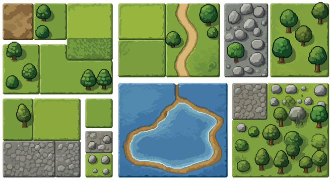 Isometric game map tiles, pixel art landscape elements with green grass and trees, top down nature environment assets for video game design