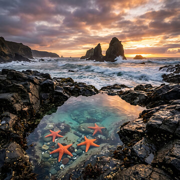 Red starfish in a rocky tidal pool at sunset illustration