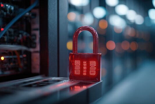 Red digital padlock with glowing numeric display on a secure server or data storage device in a high-tech environment