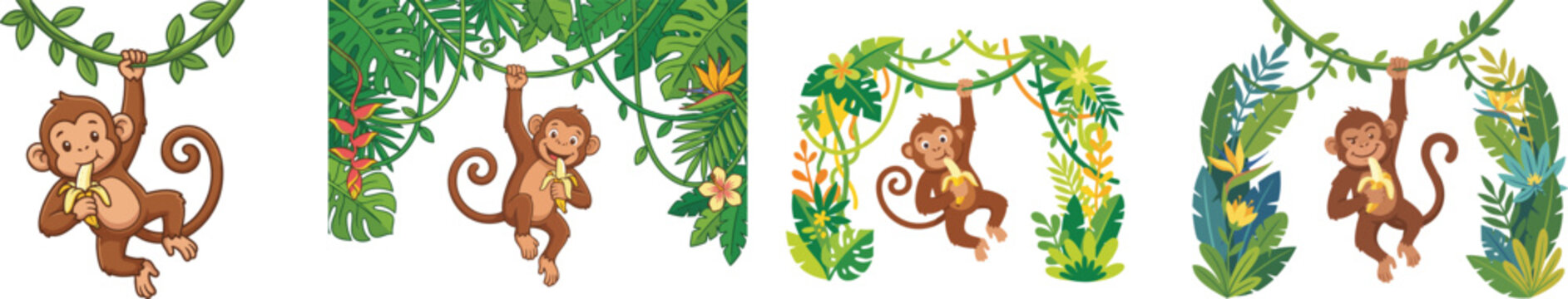 Playful brown monkey hanging from a green jungle vine with one hand while eating a peeled yellow banana in a wild jungle scene, vector set isolated on white