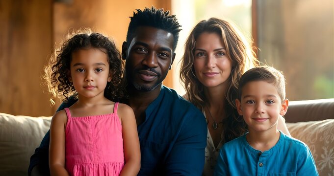 Portrait of a beautiful happy diverse multiracial family sitting together at home, loving African American father Caucasian mother and two cute mixed race children looking at camera