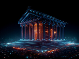 Obraz premium Luminous wireframe classical temple in futuristic neon glow at night