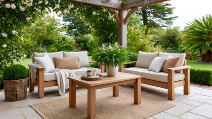 Fototapeta premium Outdoor garden patio with wooden lounge furniture