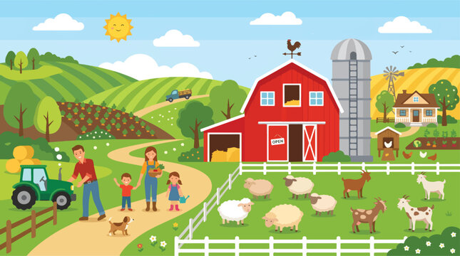 Rural farm landscape vector with red barn and family, organic farming scene with livestock and tractor, countryside agriculture illustration