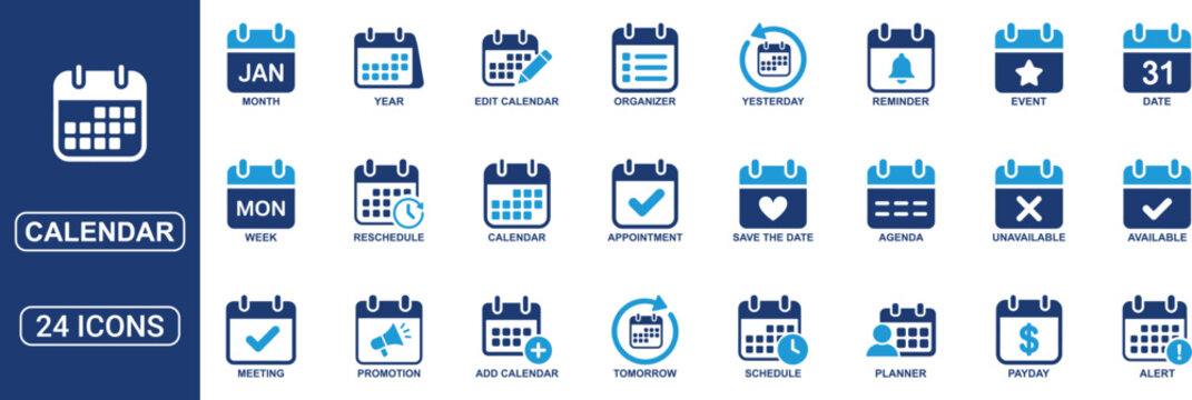 Calendar Solid Icon Set Featuring Date, Schedule, Month, Week, Appointment, Agenda, Organizer, Event, Reminder, Planner, Reschedule, Meeting, Availability and Time Management Vector Icons
