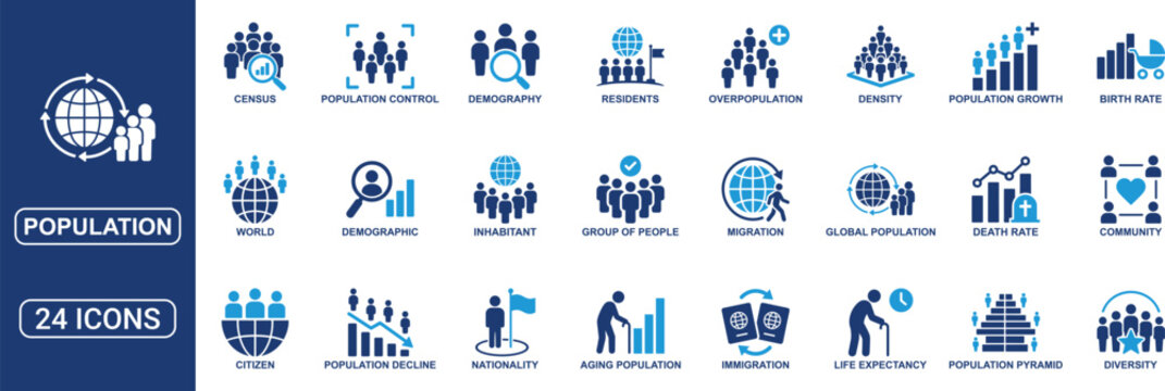 Population Solid Icon Set Featuring Demographic, Citizen, Group of People, Birth Rate, Residents, Census, Migration, Diversity, Population Growth, Community and Global Population Vector Icons