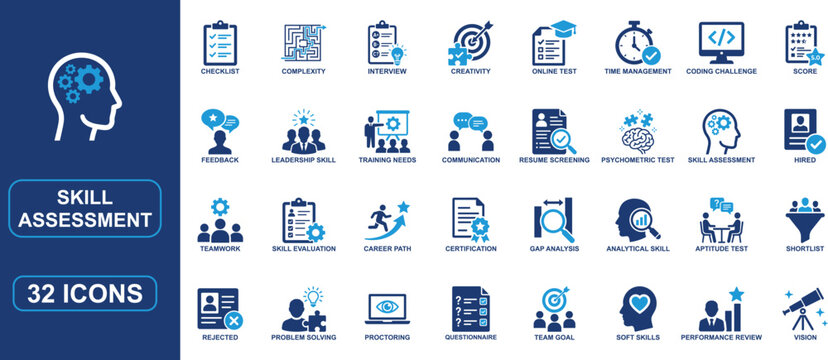 Skill Assessment and Recruitment Solid Icon Set Featuring Online Test, Coding Challenge, Interview, Soft Skills, Resume Screening and Talent Evaluation Vector Icons