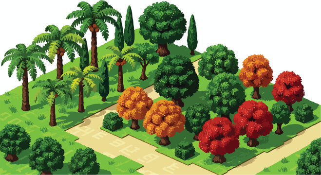 Isometric pixel art trees and park collection, retro 8-bit game environment assets, colorful forest and garden landscape vector set for gaming
