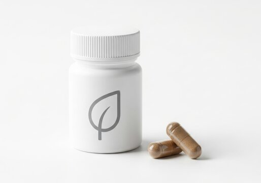 A white bottle with a leaf logo and two brown capsules
