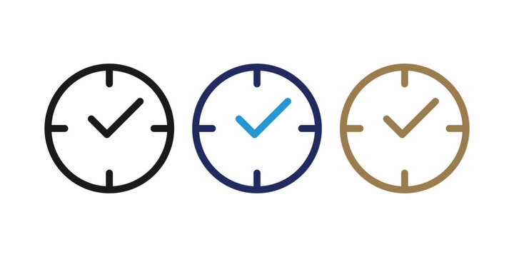 Clock icons set with check marks in black, blue, and gold colors, representing completed tasks or scheduled time