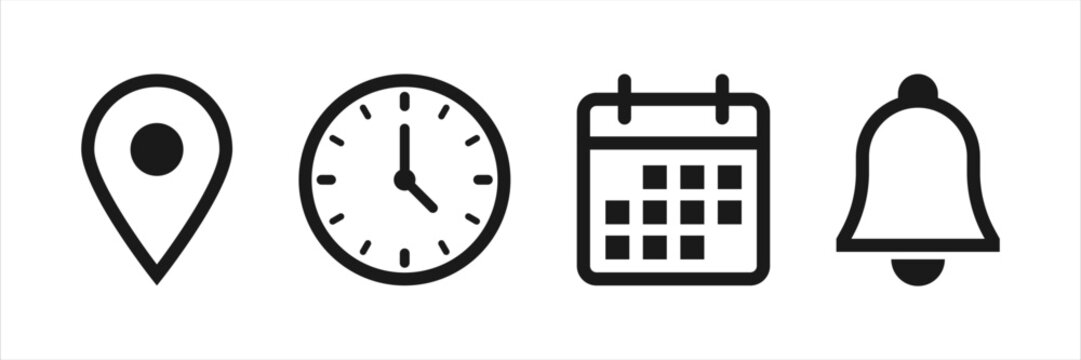Location, time, calendar and notification icon isolated on white background